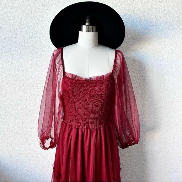 HOLIDAY BALLERINA WINE RED MESH LONG SLEEVE MIDI DRESS - Picture 2 of 9